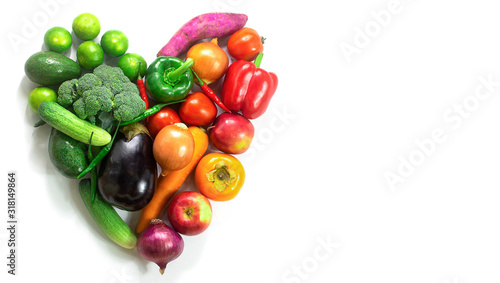 Heart of fruits and vegetables,Fresh vegetables and fruits,Colorful fruits and vegetables,clean eating,vegetables and fruits background,top view,Food concept.