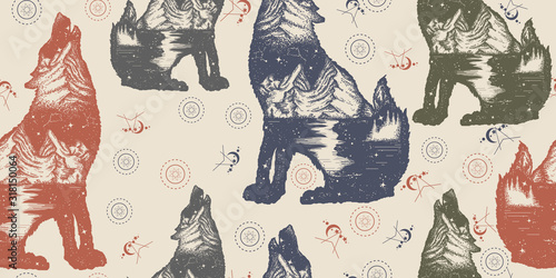 Wolf double exposure. Seamless pattern. Packing old paper, scrapbooking style. Vintage background. Medieval manuscript, engraving art. Symbol tourism, travel, adventure, outdoor