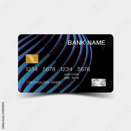 Purple gradient credit card design. On the gray background. Vector illustration EPS10. 