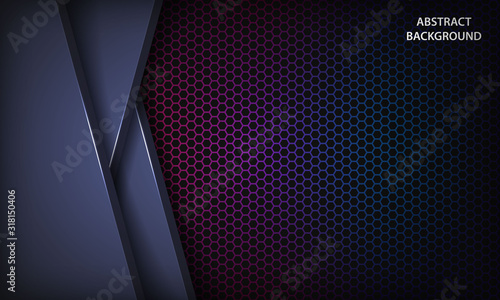 Abstract dark blue background with overlap layers on purple color gradient hexagon pattern. Modern futuristic technology corporate design template.