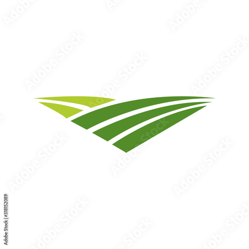 The farm logo template. Meadow silhouette, land symbol with horizon in perspective. Farm food badge. Vector