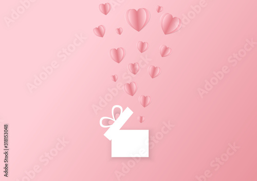 Valentines hearts with gift box postcard. Paper flying elements on pink background. Vector symbols of love in shape of heart for Happy Women's, Mother's, Valentine's Day, birthday greeting card design