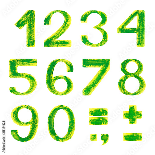 Hand painted green number on white background. Isolated on white background. Yellow-green textured font. Hand-painted ctock illustration. Eco, spring, summer font. Gouache, oil or acrylic technique.