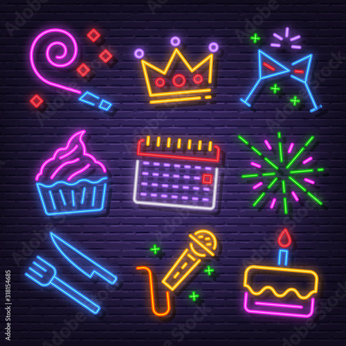 birthday party neon signboard icons