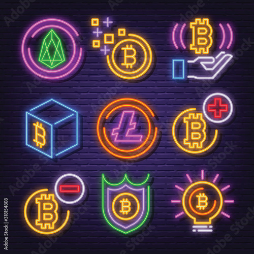 cryptocurrency neon signboard icons