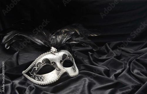 carnival mak with feather on satin fabric background