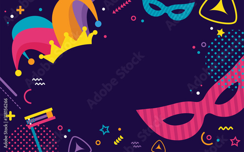 Happy Purim. jewish holiday background and Carnaval funfair banner with Carnival masks and traditional Jewish items.