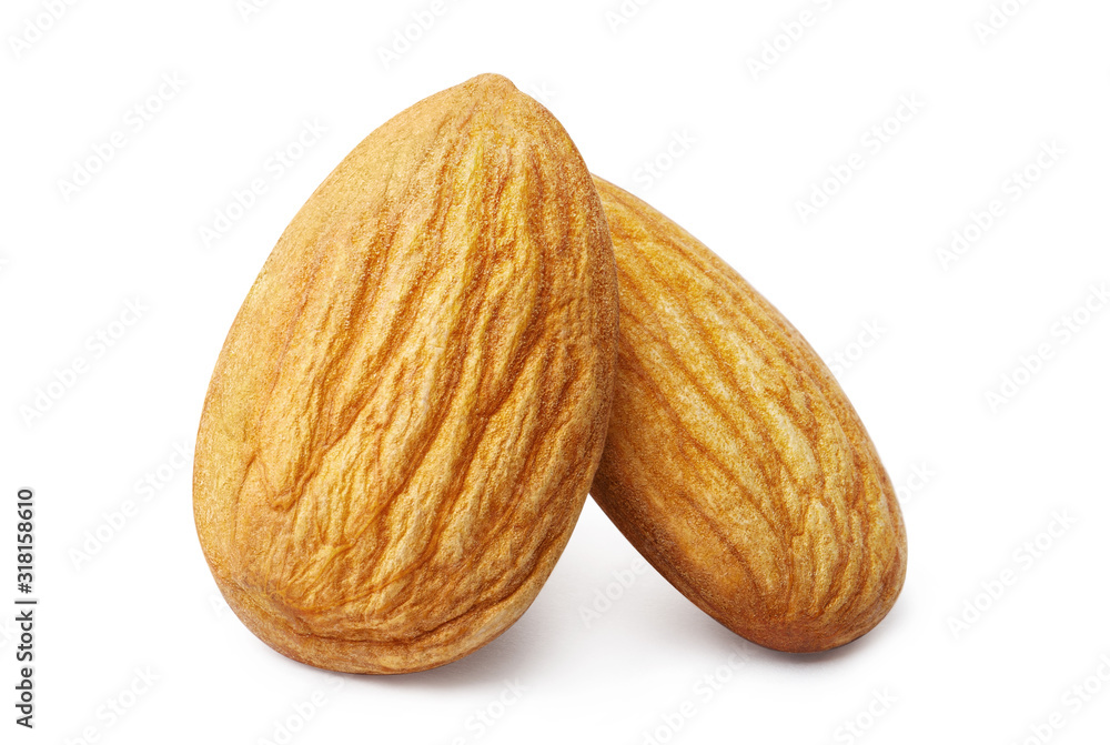 Pair of delicious almonds, isolated on white Pair of delicious almonds, isolated on white