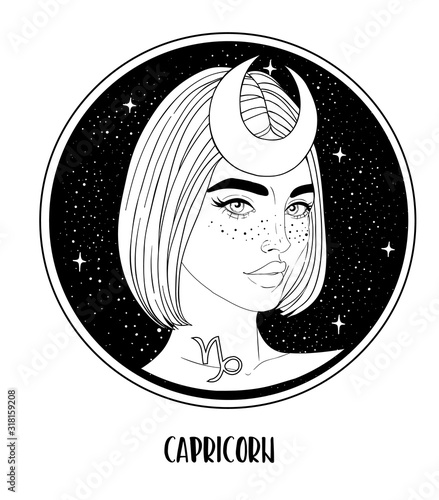 Illustration of Capricorn astrological sign as a beautiful girl. Zodiac vector drawing isolated in black and white. Future telling, horoscope, alchemy, spirituality. Coloring book for adults.