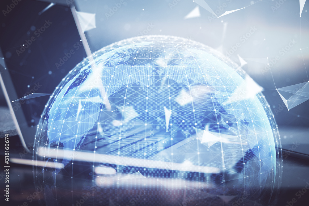 Multi exposure of business theme icons and work space with computer background. Concept of success. Multi exposure of business theme icons and work space with computer background. Concept of success.