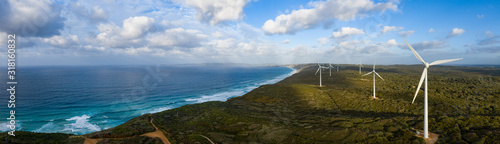 Panoramic aerial view of the Albany wind farm, originally commissioned in 2001, it now cosists of 18 turbines producing 80 per cent of the electricity requirements of Albany