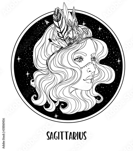Illustration of Sagittarius astrological sign as a beautiful girl. Zodiac vector drawing isolated in black and white. Future telling, horoscope, alchemy, spirituality. Coloring book for adults.