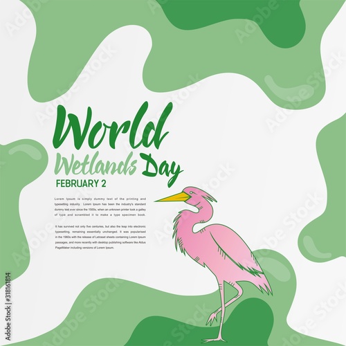World Wetlands Day theme. Postcard or banner with a map cut out in paper, the branches of reeds and reminding an inscription. The date of the event is 2 February. Vector illustration.