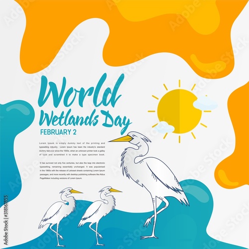 World Wetlands Day theme. Postcard or banner with a map cut out in paper, the branches of reeds and reminding an inscription. The date of the event is 2 February. Vector illustration.