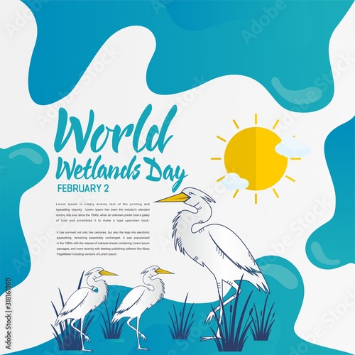 World Wetlands Day theme. Postcard or banner with a map cut out in paper, the branches of reeds and reminding an inscription. The date of the event is 2 February. Vector illustration.