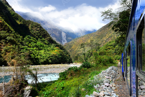 Peruvian train to Machu Picchu and beautiful landscape