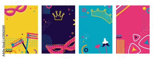 Greeting card set for jewish holiday Purim. Purim in Hebrew. Jewish Carnaval funfair card with mask on colorful modern geometric background in memphis 80s style. illustration
