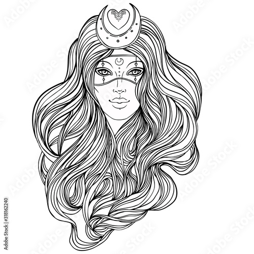 Moon princess. Tribal Fusion Boho Diva. Beautiful divine girl with crescent tiara and venetian mask. Bohemian goddess. Hand drawn elegant illustration.