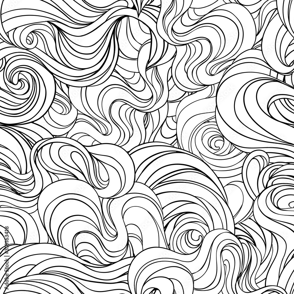 Natural texture. Decorative hand drawn doodle ornamental curly seamless pattern. Vector endless background. Stormy sea line art drawing. Splash ocean, clouds or hair..