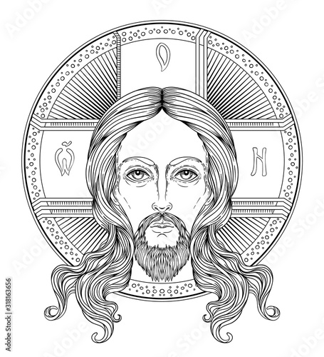 Orthodox Jesus Christ with halo. Beautiful religious art. Bible character. Alchemy, religion, spirituality, occultism, tattoo art. Isolated vector illustration.