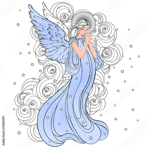 Angel girl with wings, cross, roses and halo. Isolated hand drawn vector illustration. Trendy Vintage style element. Spirituality, occultism, alchemy, magic.