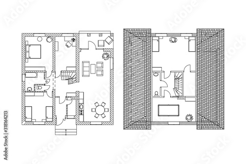 Two-storey suburban house.  Black and White floor plans of a modern apartment. Vector interior design. Architectural background.