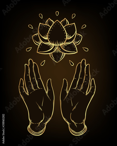 Lord Buddha open hands holding Lotus flower. Isolated vector illustration of Mudra. Hindu motifs. Tattoo, yoga, spirituality, textiles. Sketchy style, hand drawn. Gold gradient over black.