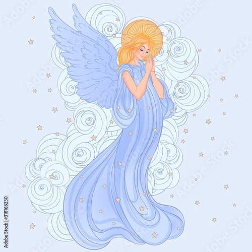 Angel girl with wings, cross, roses and halo. Isolated hand drawn vector illustration. Trendy Vintage style element. Spirituality, occultism, alchemy, magic.