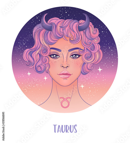Illustration of Taurus astrological sign as a beautiful girl. Zodiac vector illustration isolated on white. Future telling, horoscope, alchemy, spirituality, occultism, fashion woman.