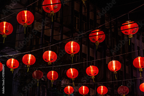 A Chinese red paper lantern at night