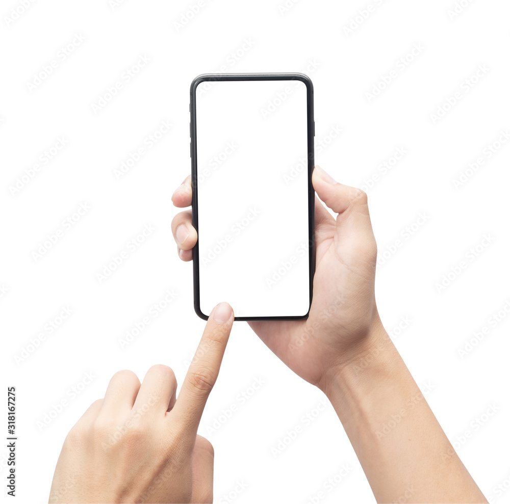 Male hand holding the black smartphone and touching on blank screen isolated on white background with clipping path. Male hand holding the black smartphone and touching on blank screen isolated on white background with clipping path.