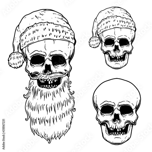 Set of illustrations of Santa Claus skull. Design element for poster, card, banner, flyer. Vector illustration
