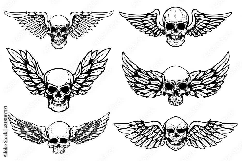 Set of illustrations of winged skull isolated on white background. Design element for poster, card, banner, sign. Vector illustration Set of illustrations of winged skull isolated on white background. Design element for poster, card, banner, sign. Vector illustration