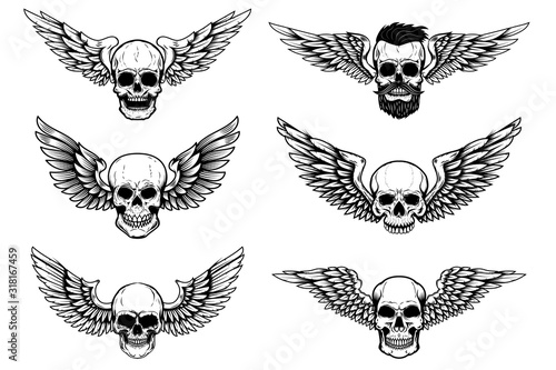 Set of illustrations of winged skull isolated on white background. Design element for poster, card, banner, sign. Vector illustration