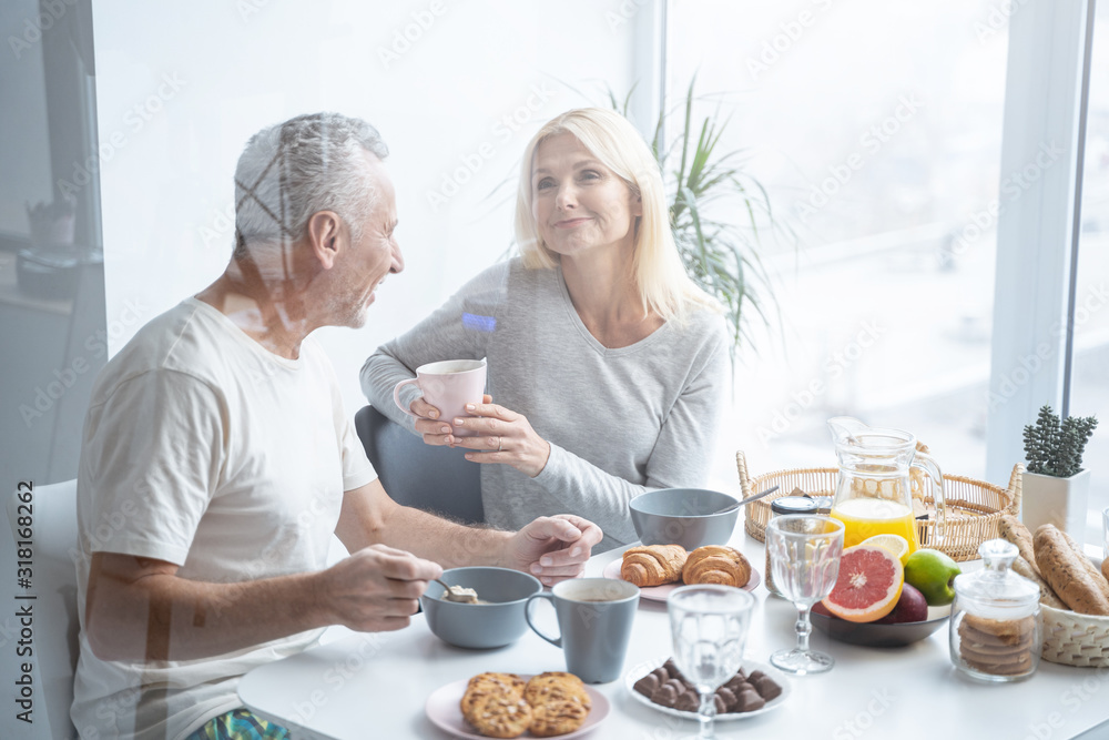 Cute morning with tasty breakfast at home stock photo