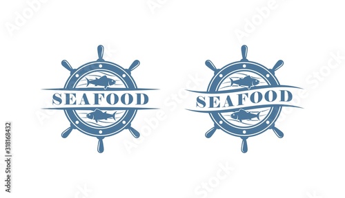 Set of color seafood logos. Vector illustration of a steering wheel, waves with fish and text on a white background. Illustration advertising seafood.