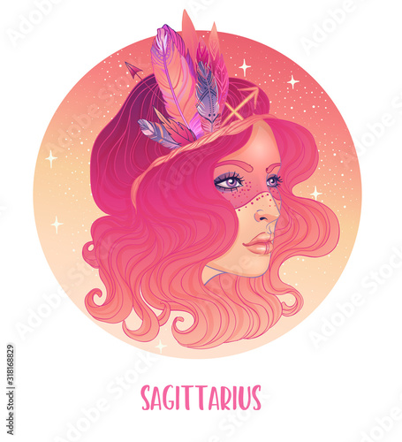 Illustration of Sagittarius astrological sign as a beautiful girl. Zodiac vector illustration isolated on white. Future telling, horoscope, alchemy, spirituality, occultism, fashion woman.