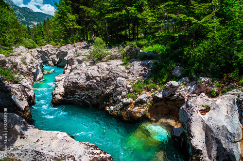 Emerald color Soca river with spectacular rocky canyon, Bovec, Slovenia © janoka82