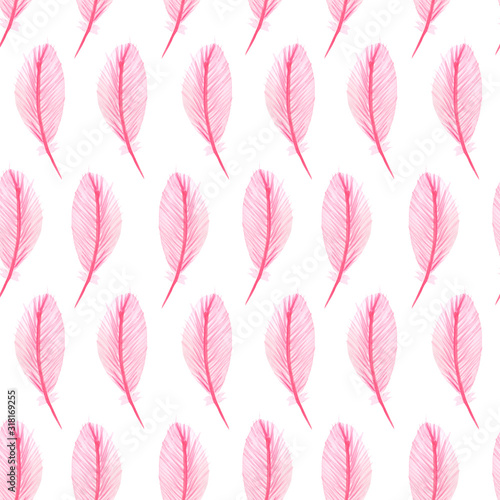 Seamless pattern with isolated watercolor feathers. Hand painted colorful feathers. Design for fabric  wallpaper  napkins  textiles  packaging  backgrounds. Delicate and stylish.