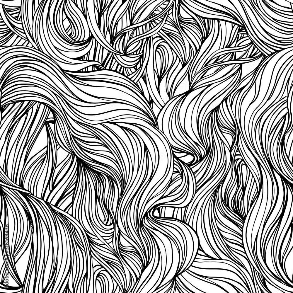 Natural texture. Decorative hand drawn doodle ornamental curly seamless pattern. Vector endless background. Stormy sea line art drawing. Splash ocean, clouds or hair.