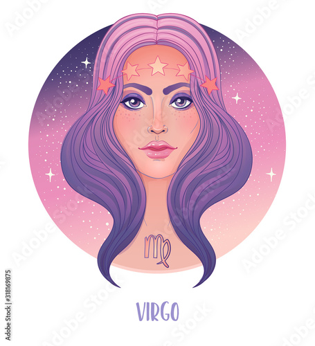 Illustration of Virgo astrological sign as a beautiful girl. Zodiac vector illustration isolated on white. Future telling, horoscope, alchemy, spirituality, occultism, fashion woman.