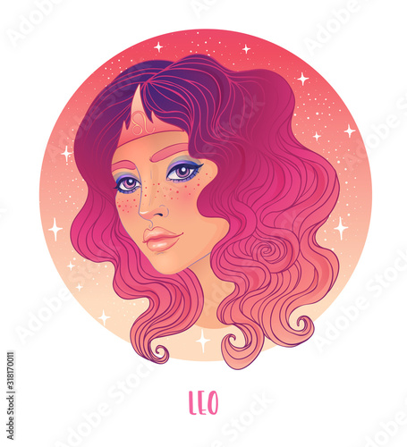 Illustration of Leo astrological sign as a beautiful girl. Zodiac vector illustration isolated on white. Future telling  horoscope  alchemy  spirituality  occultism  fashion woman.