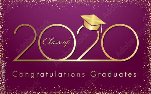 Class of 2020 year graduation banner, awards concept. Shining sign, happy holiday invitation card, golden glittering frame, celebrating 3D digital logo, text. Isolated abstract graphic design template
