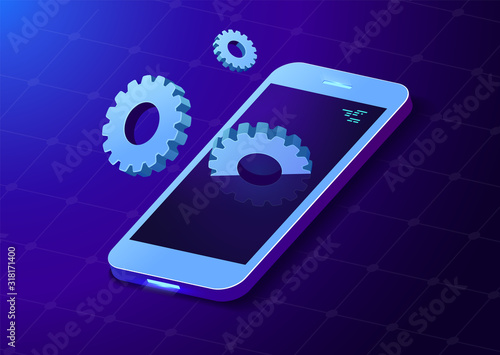 Mobile phone with gears. Gears out from screen. Isometric Style. Vector illustration.