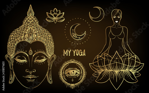 Heart Chakra concept. Inner love, light and peace. Silhouette in lotus position and Buddha face. Vector illustration isolated . Gold gradient over black.