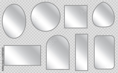 Vector realistic mirrors set with blurry reflection. Realistic empty mirrors with reflect in mockup style. Set of realistic mirrors of different shapes