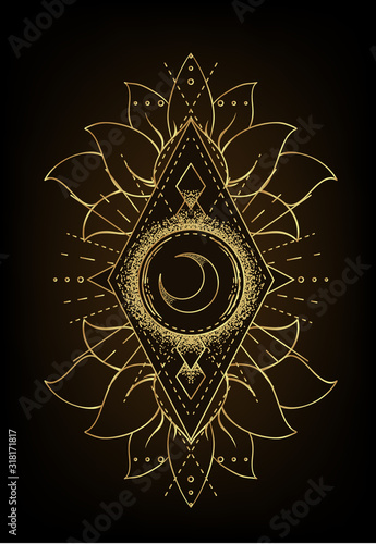 Vector ornamental Lotus flower, ethnic art, patterned Indian paisley. Hand drawn illustration isolated. Invitation. Golden stickers, flash temporary tattoo, mehndi symbol. Gold gradient over black.