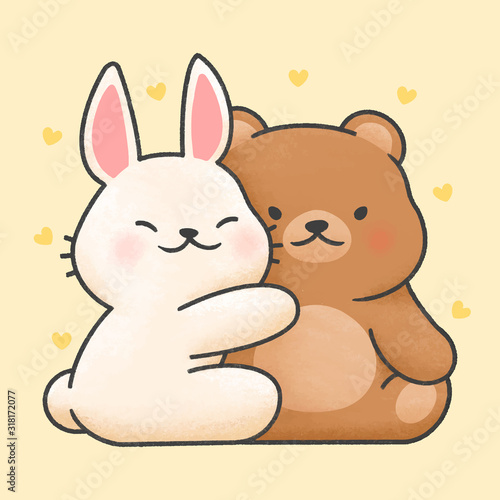 Cute rabbit and bear couple cartoon hand drawn style