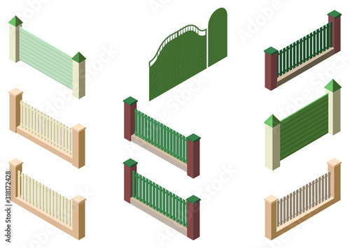 Fence enclosure, gate and wicket set 3d isometric elements isolated on white
