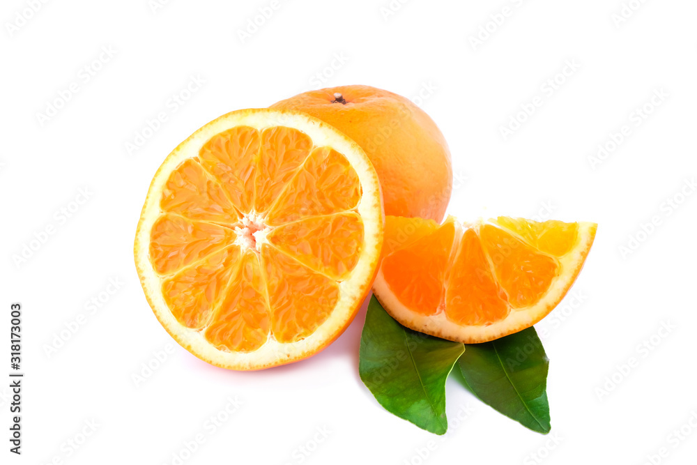 Ripe orange and slide orange with leaves isolated on white background, freshment and natural concept Ripe orange and slide orange with leaves isolated on white background, freshment and natural concept